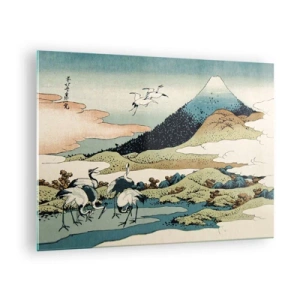 Glasbild - Bild auf glas - Ein Gemälde von Vögeln in einer japanischen Landschaft mit Blick auf den Berg Fuji. - 70x50cm - Im japanischen Geist - Moderne Wanddekoration für Wohnzimmer und Schlafzimmer ARTTOR