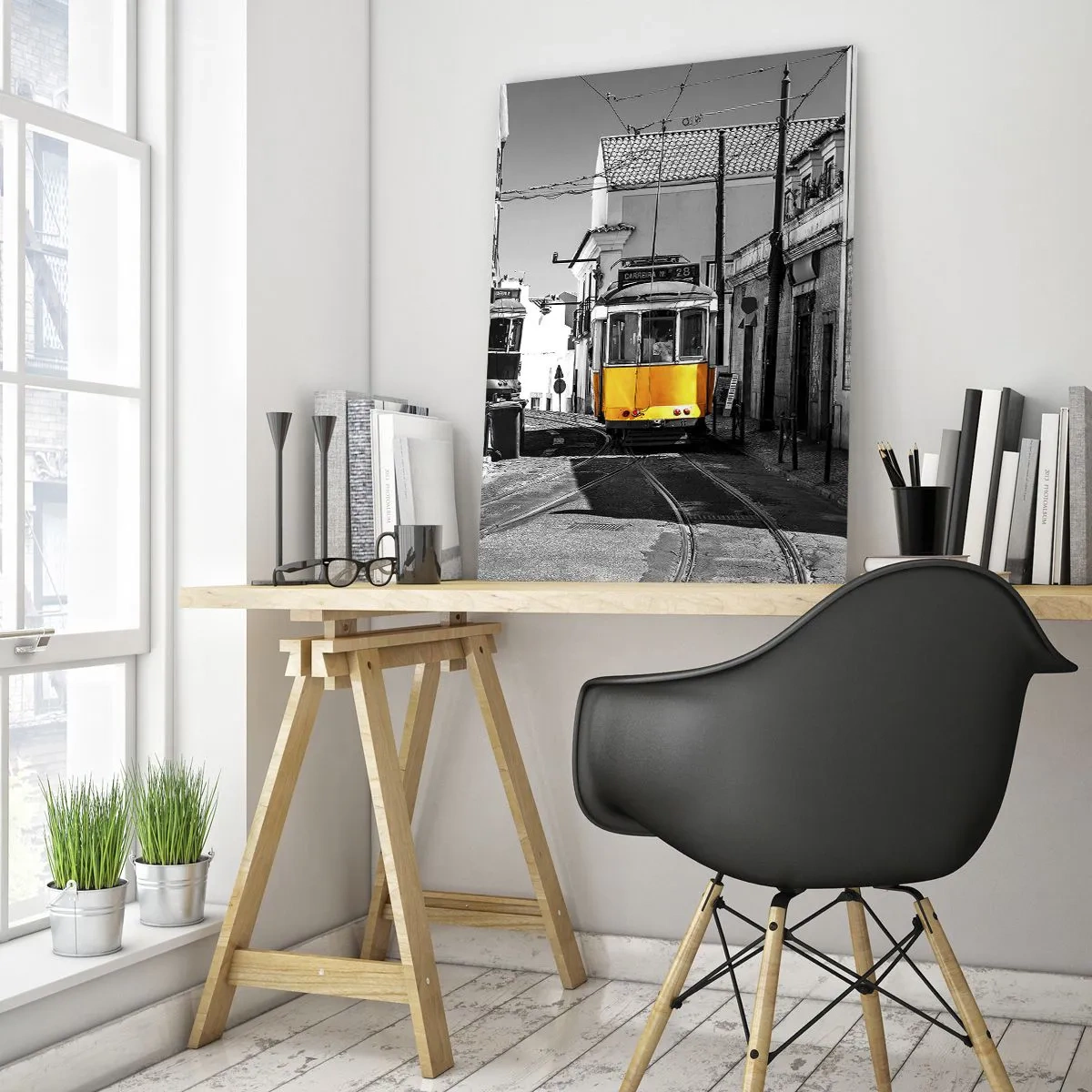 Glasbild - Bild auf glas - Eine gelbe Straßenbahn auf den Straßen von Lissabon in einer monochromen Umgebung - 70x100cm - Der Geist von Lissabon - Moderne Wanddekoration für Wohnzimmer und Schlafzimmer ARTTOR
