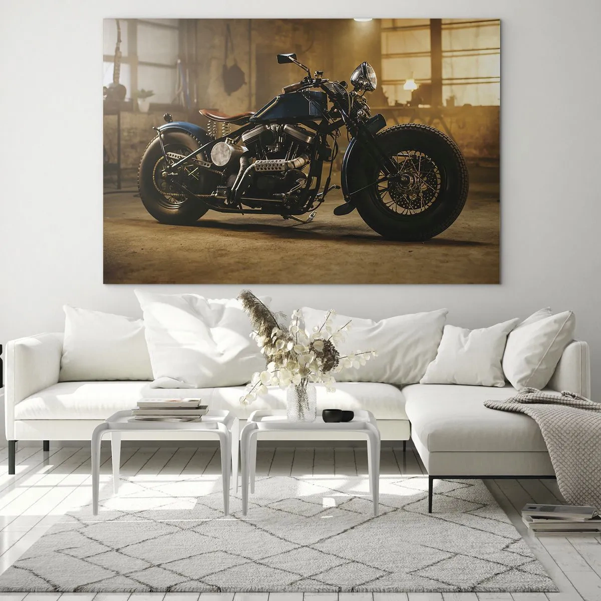 Glasbild - Bild auf glas - Stimmungsvolle Aufnahme eines klassischen Motorrads in einer Garage - 120x80cm - Ich kann alles - Moderne Wanddekoration für Wohnzimmer und Schlafzimmer ARTTOR