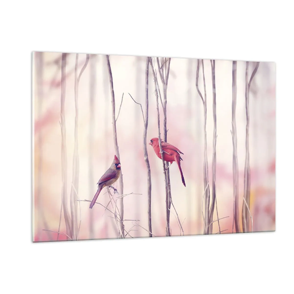 Glasbild - Bild auf glas - Zwei Vögel zwischen zarten Zweigen in Pastelltönen - 120x80cm - Geschichte vom rosa Wald - Moderne Wanddekoration für Wohnzimmer und Schlafzimmer ARTTOR