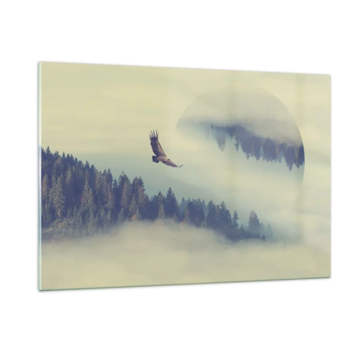 Glasbild - Bild auf glas - Ein Adler im Flug über einem nebelverhangenen Wald mit einer surrealen Spiegelung. - 120x80cm - Ich habe den Schatten eines Adlers gesehen - Moderne Wanddekoration für Wohnzimmer und Schlafzimmer ARTTOR