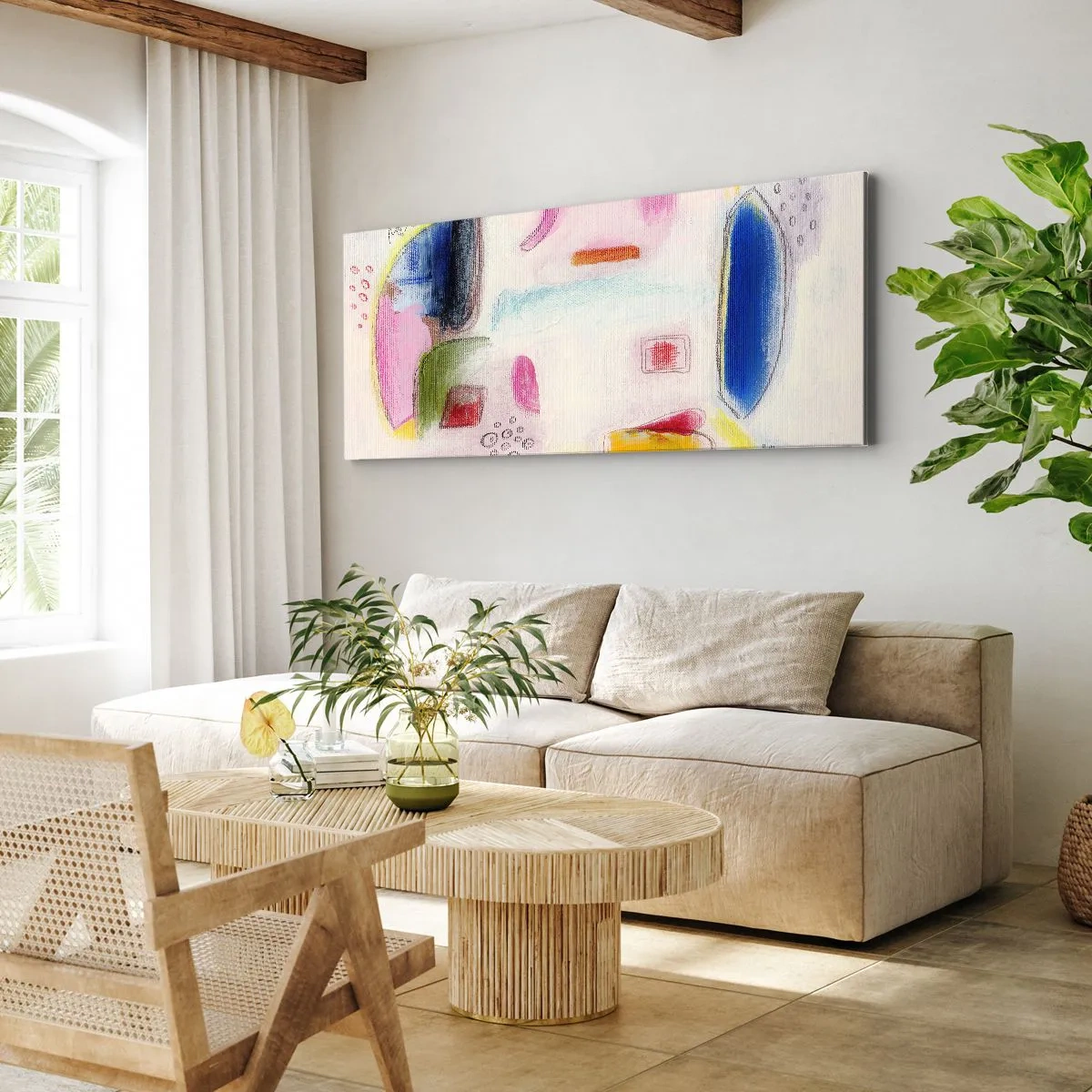 Bild auf Leinwand - Leinwandbild - Bunte abstrakte Formen auf hellem Hintergrund - 140x50cm - Eher konvex als konkav oder flach - Moderne Wanddekoration für Wohnzimmer und Schlafzimmer ARTTOR
