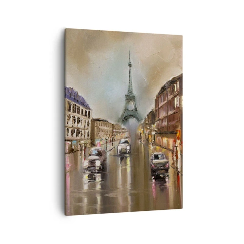 Bild auf Leinwand - Leinwandbild - Abendliches Straßenbild von Paris mit Blick auf den Eiffelturm - 50x70cm - Nur sie zählt - Moderne Wanddekoration für Wohnzimmer und Schlafzimmer ARTTOR