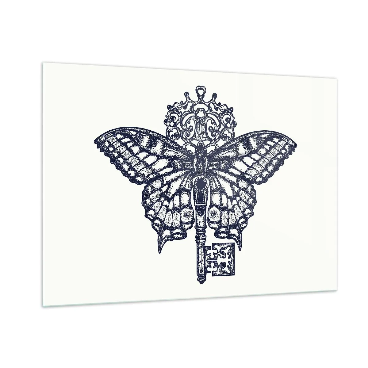 Glasbild - Bild auf glas - Abbildung eines Schmetterlings mit einem Schlüssel in der Mitte - 100x70cm - Alle Geheimnisse des Herzens - Moderne Wanddekoration für Wohnzimmer und Schlafzimmer ARTTOR
