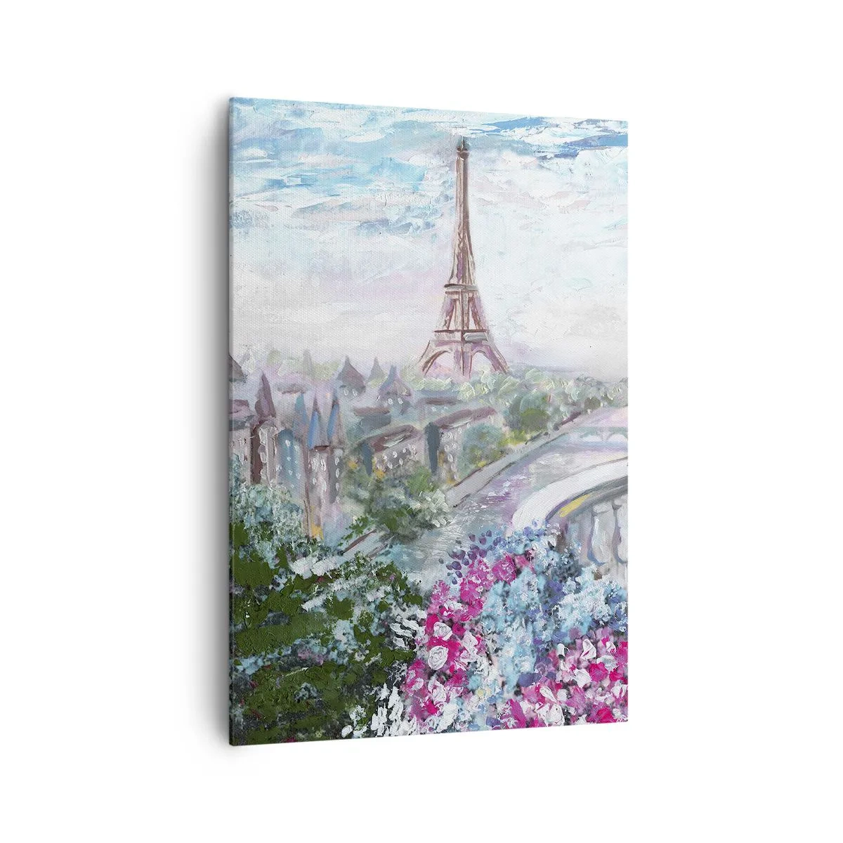 Bild auf Leinwand - Leinwandbild - Ein romantischer Blick auf Paris mit dem Eiffelturm und einem Balkon voller Blumen - 70x100cm - Am schönsten ist es hier im Mai - Moderne Wanddekoration für Wohnzimmer und Schlafzimmer ARTTOR