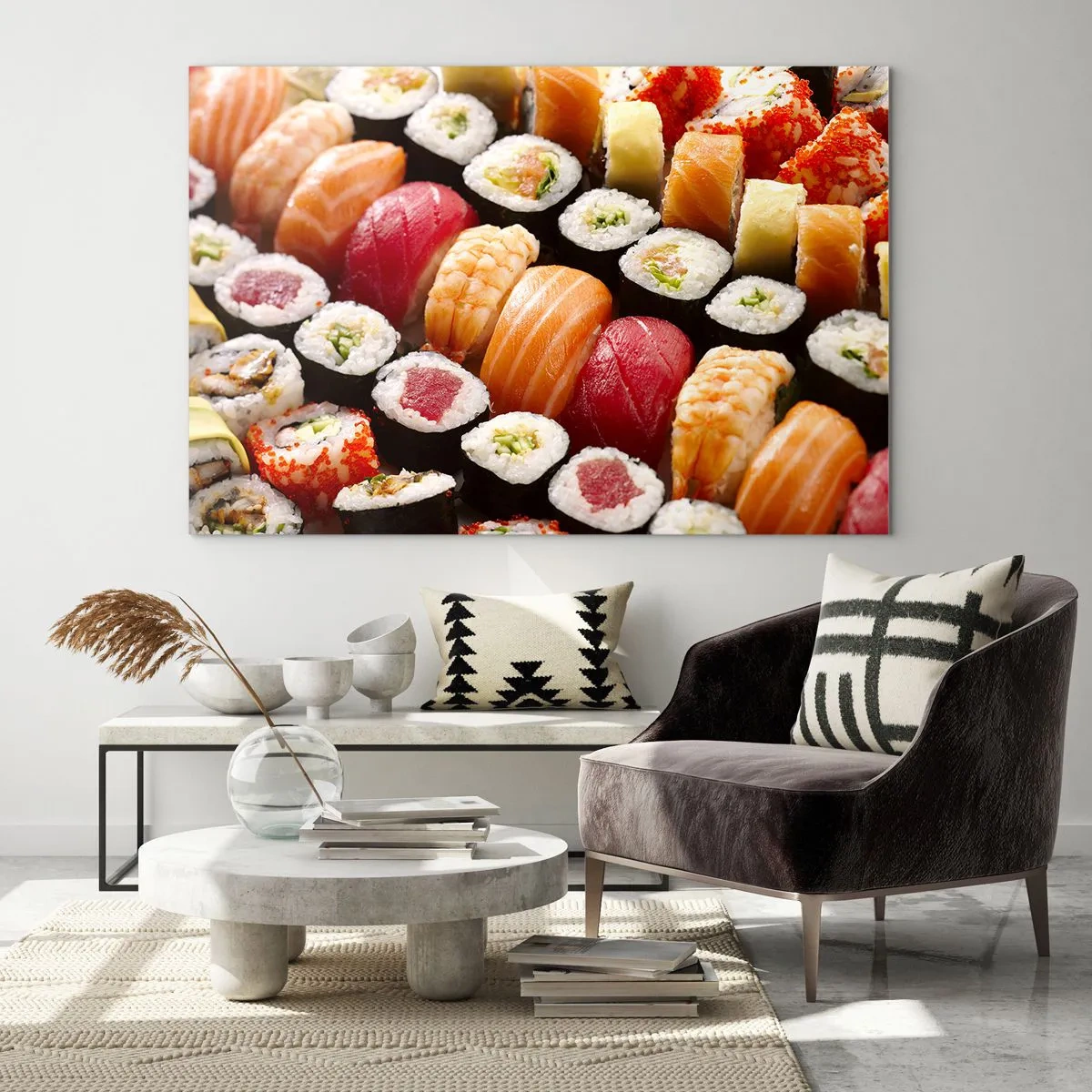 Glasbild - Bild auf glas - Eine bunte Sushi-Komposition mit verschiedenen Zutaten - 70x50cm - Farben und Aromen Asiens - Moderne Wanddekoration für Wohnzimmer und Schlafzimmer ARTTOR