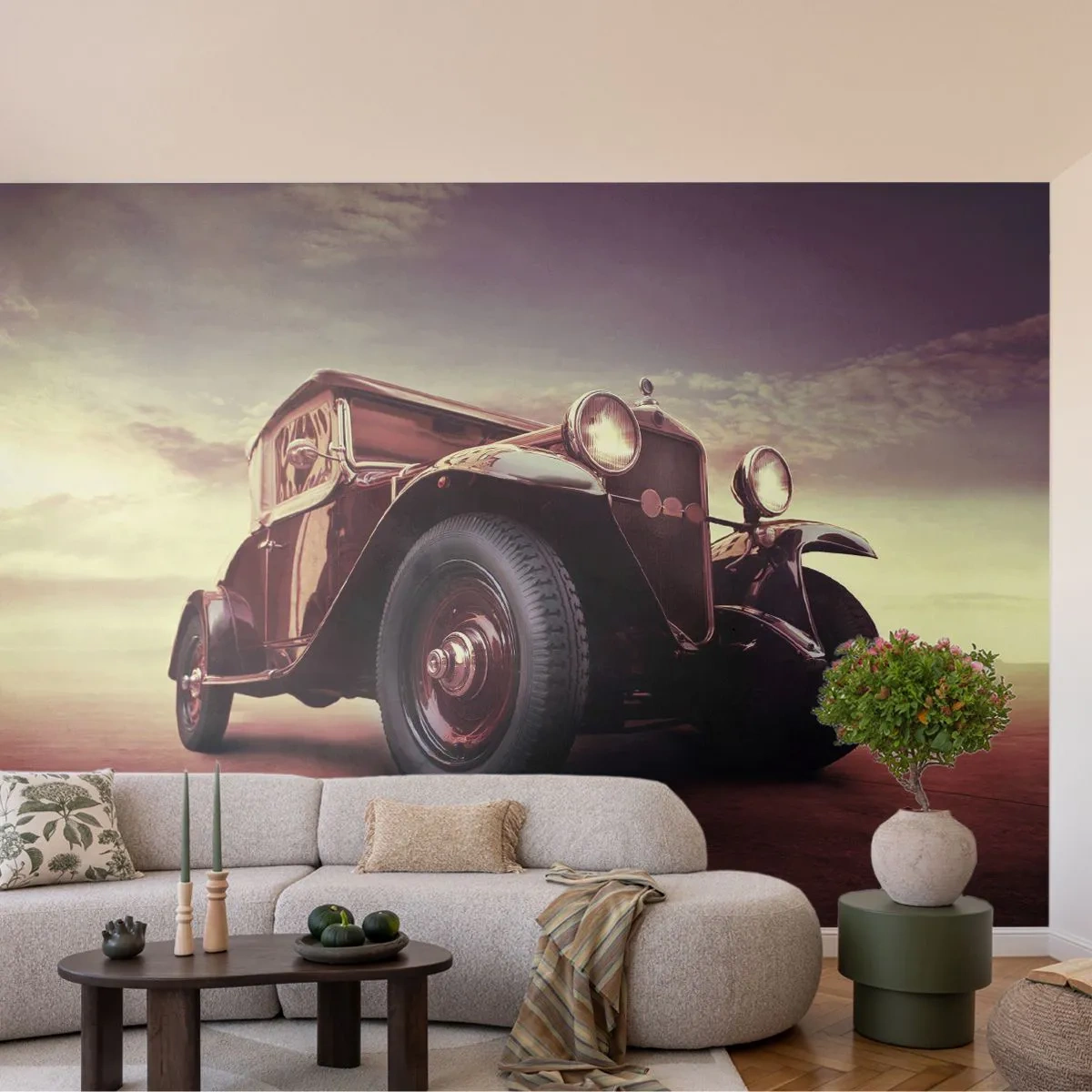 Fototapete Premium Sand - Klassisches Retro-Auto vor dem Hintergrund der untergehenden Sonne - 100x70cm - Gehen wir zurück wie in alten Zeiten ... - Moderne Wanddekoration für Wohnzimmer und Schlafzimmer ARTTOR