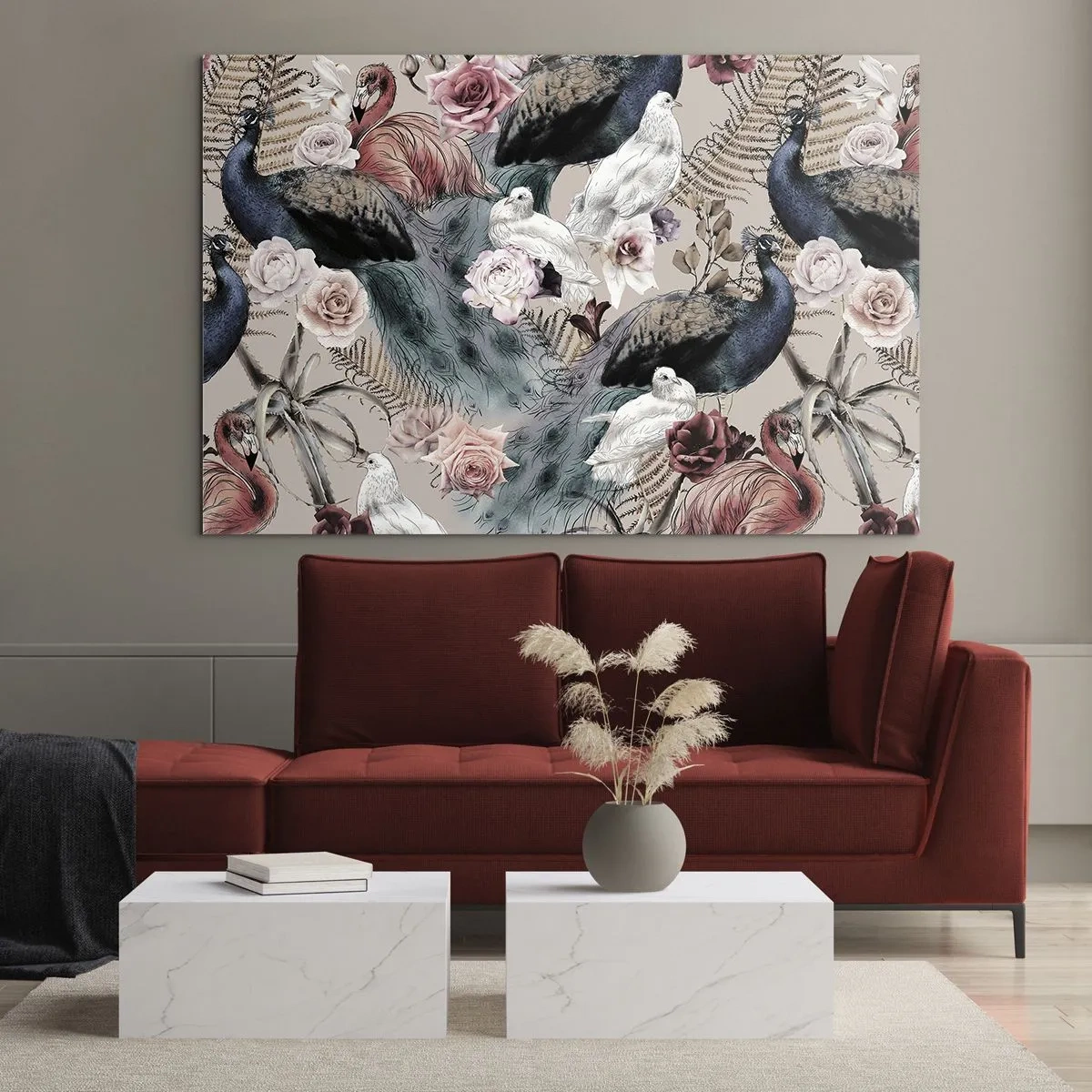 Glasbild - Bild auf glas - Pfauen und Flamingos umgeben von Rosen und Farnen - 120x80cm - Im Schlossgarten - Moderne Wanddekoration für Wohnzimmer und Schlafzimmer ARTTOR