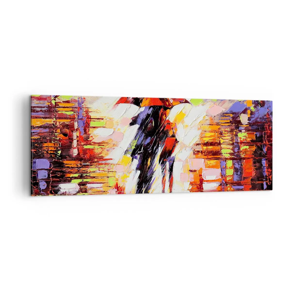 Bild auf Leinwand - Leinwandbild - Eine abstrakte Szene eines Spaziergangs unter einem Regenschirm in einer regnerischen Nacht. - 140x50cm - Gemeinsam durch die Nacht und den Regen - Moderne Wanddekoration für Wohnzimmer und Schlafzimmer ARTTOR