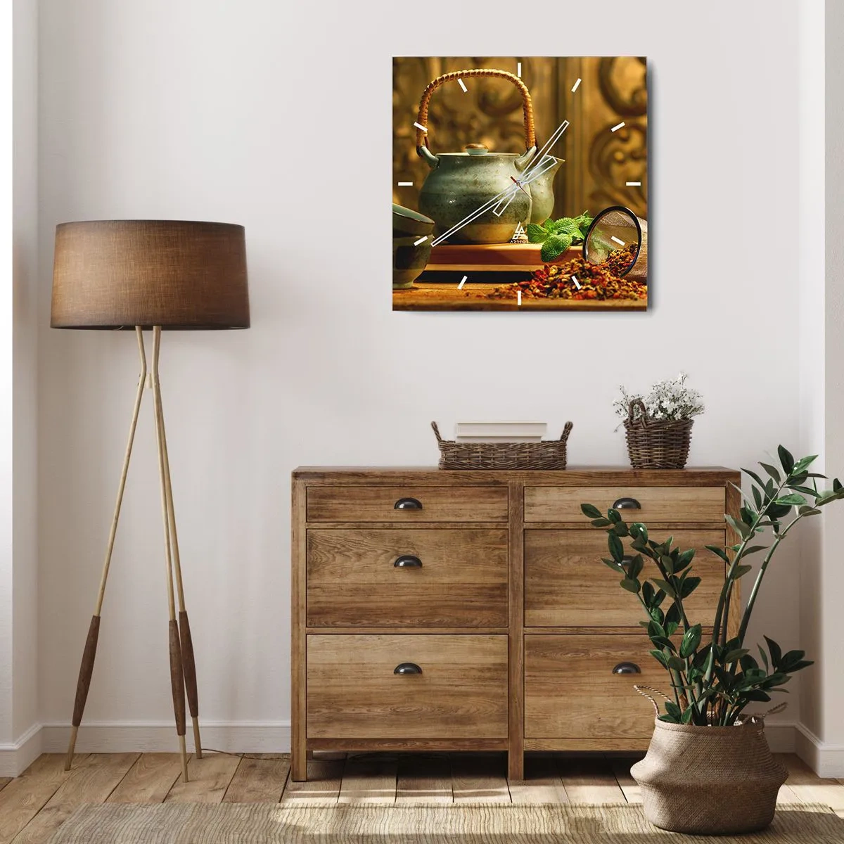 Wanduhr - Glasuhr - Keramikkrug mit Tassen und getrocknetem Tee - 30x30cm - Abhandlung über das Teetrinken - Moderne Wanddekoration für Wohnzimmer und Schlafzimmer ARTTOR