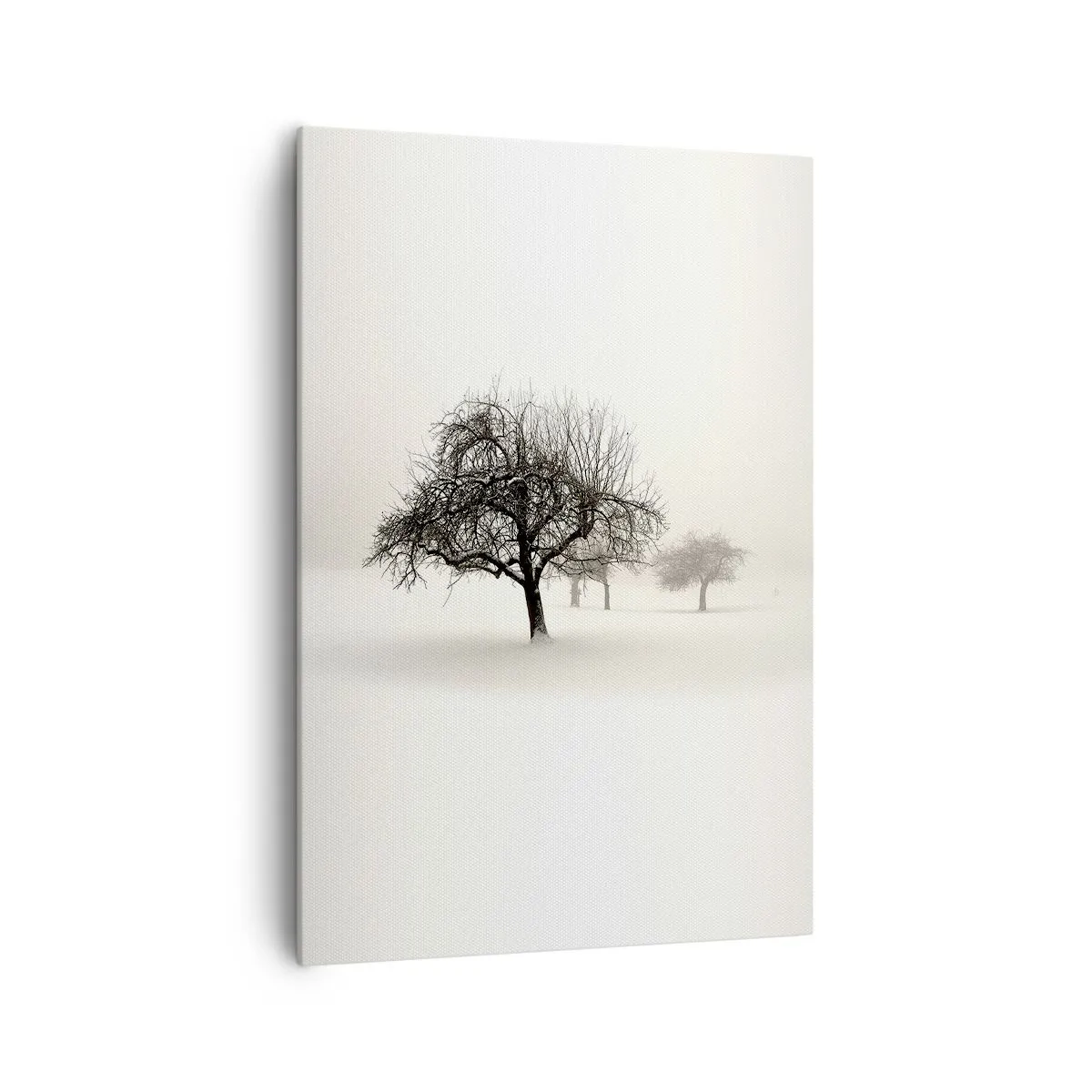 Bild auf Leinwand - Leinwandbild - Bäume auf einem schneebedeckten Feld, umgeben von Nebel - 70x100cm - Winterschlaf - Moderne Wanddekoration für Wohnzimmer und Schlafzimmer ARTTOR