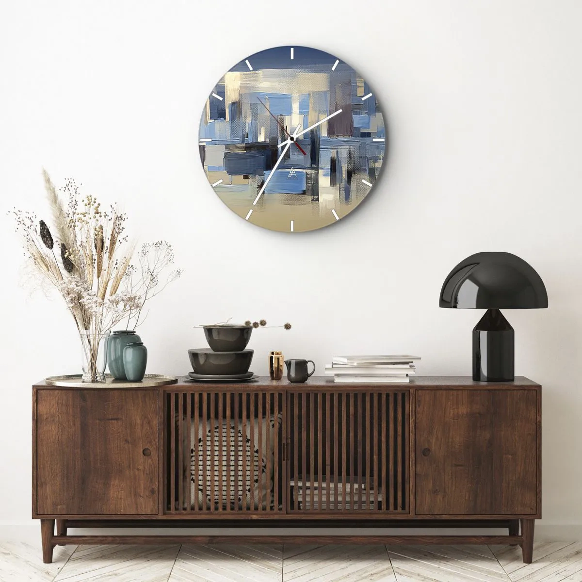 Wanduhr - Glasuhr - Abstrakte geometrische Komposition in Blautönen - 30x30cm - Blaue Konstruktion - Moderne Wanddekoration für Wohnzimmer, Küche und Schlafzimmer ARTTOR