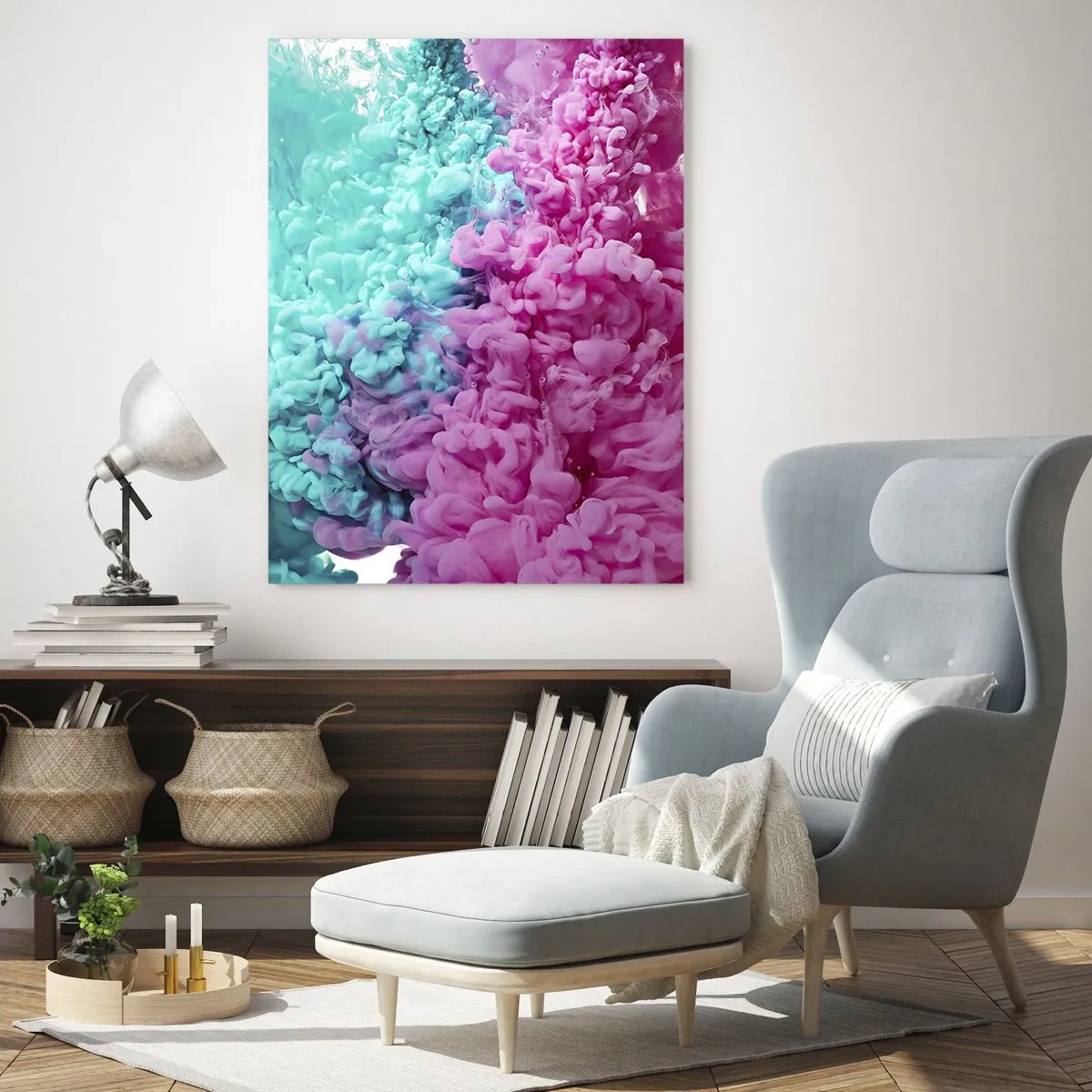 Glasbild - Bild auf glas - Bunte Tintenwolken in Pink und Türkis - 50x70cm - Letzte Begegnung - Moderne Wanddekoration für Wohnzimmer und Schlafzimmer ARTTOR