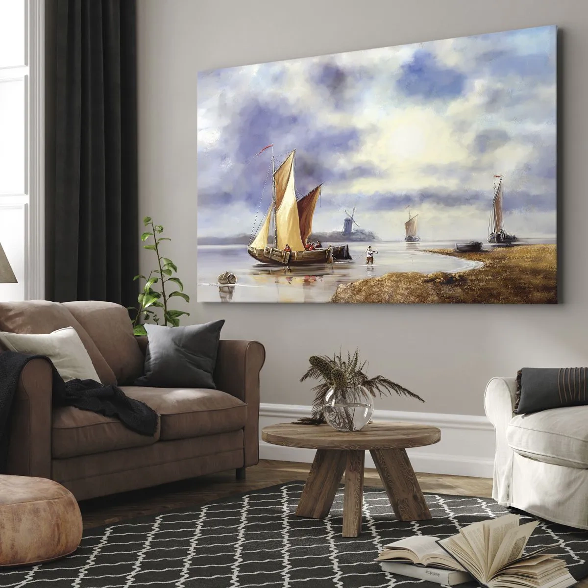 Bild auf Leinwand - Leinwandbild - Segelboote auf ruhigem Wasser mit Windmühlen im Hintergrund - 70x50cm - Die Rückkehr der Seeleute - Moderne Wanddekoration für Wohnzimmer und Schlafzimmer ARTTOR