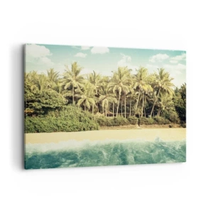Bild auf Leinwand - Leinwandbild - Tropischer Strand mit Palmen und türkisfarbenem Meer - 120x80cm - Wie wäre es hier? - Moderne Wanddekoration für Wohnzimmer und Schlafzimmer ARTTOR