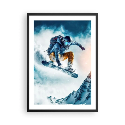 Poster in einem schwarzem Rahmen - Ein Snowboarder fliegt über einen schneebedeckten Berggipfel - 50x70cm - Extreme Emotionen - Moderne Wanddekoration für Wohnzimmer und Schlafzimmer ARTTOR