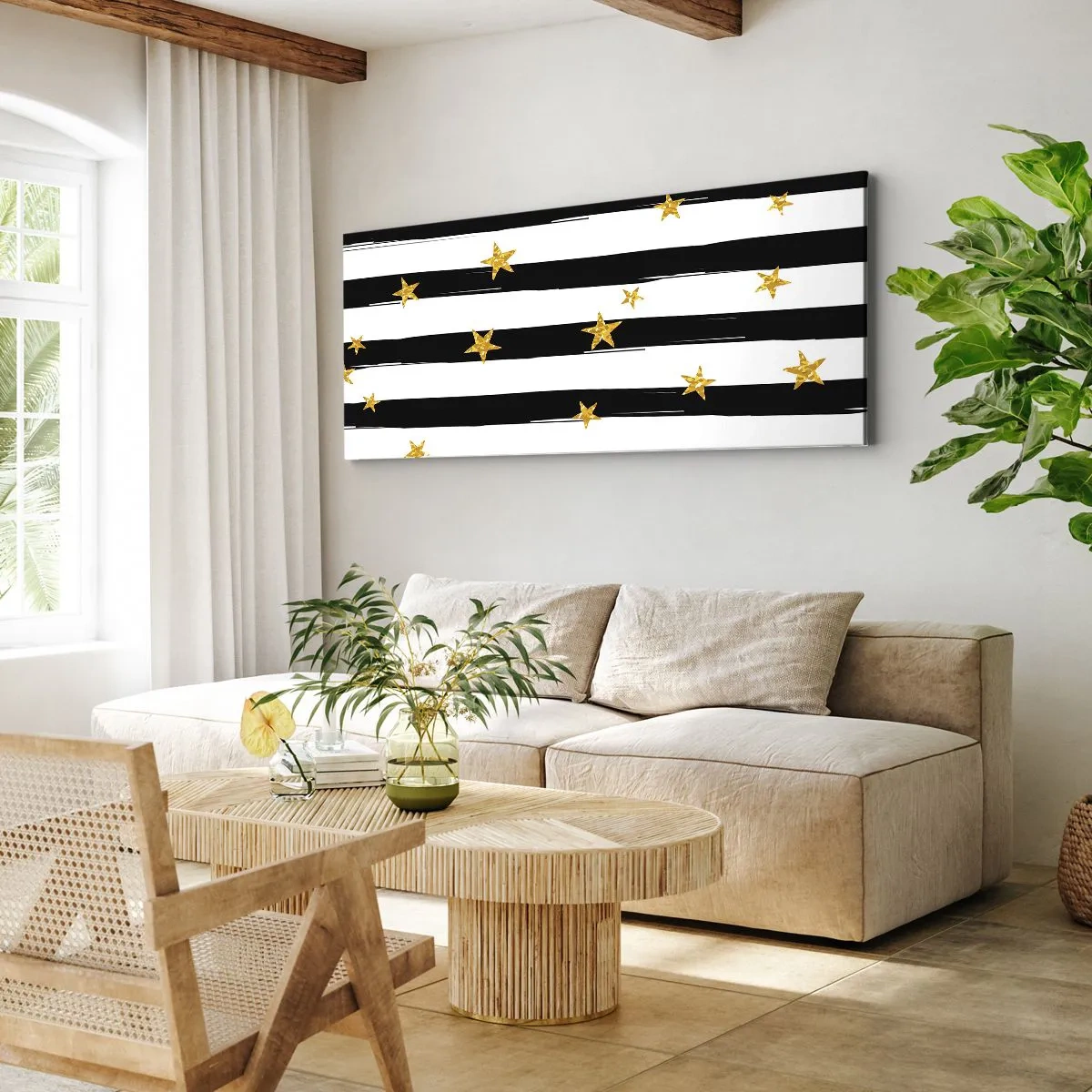 Bild auf Leinwand - Leinwandbild - Schwarz-weiße Streifen mit goldenen Sternen - 160x50cm - Wir wurden alle unter einem glücklichen Stern geboren - Moderne Wanddekoration für Wohnzimmer und Schlafzimmer ARTTOR