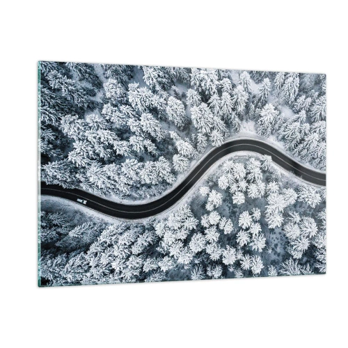 Glasbild - Bild auf glas - Eine kurvenreiche Straße durch einen Winterwald, von einer Drohne aus gesehen - 120x80cm - Durch den Winterwald - Moderne Wanddekoration für Wohnzimmer und Schlafzimmer ARTTOR