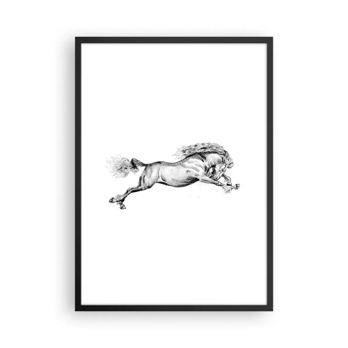 Poster in einem schwarzem Rahmen - Illustration eines galoppierenden Pferdes in Schwarz und Weiß - 50x70cm - Im Galopp festgehalten - Moderne Wanddekoration für Wohnzimmer und Schlafzimmer ARTTOR