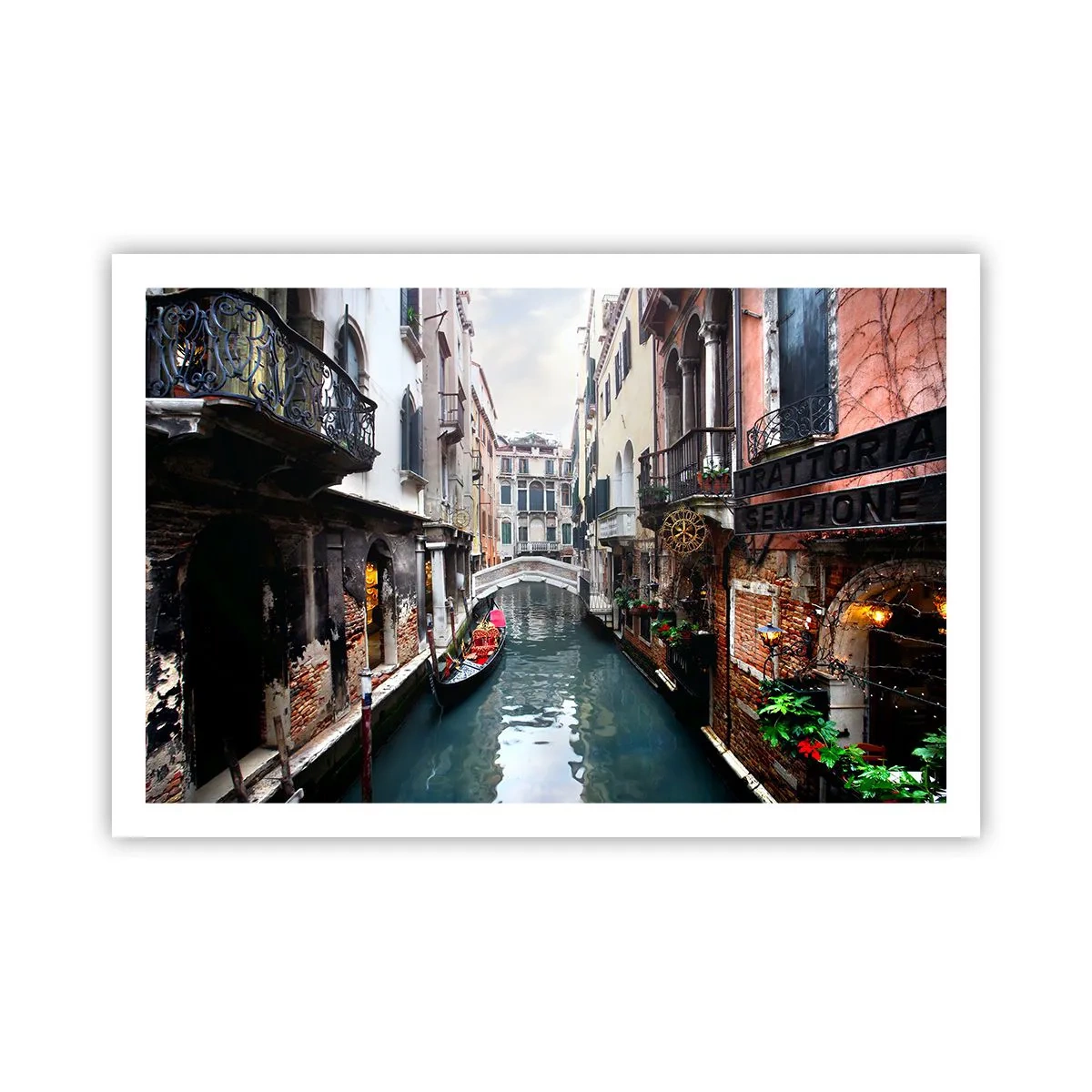 Poster - Venezianische Landschaft mit Gondel und Brücke - 91x61 cm