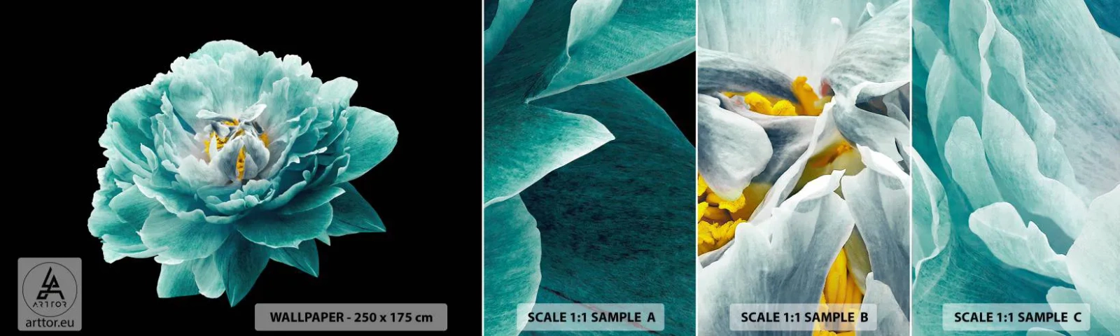 Fototapeten Muster Selbstklebend Deluxe Sticker - Blaue und goldene Blütenblätter - Blume, Blühen, Pfingstrose - 100x30 cm