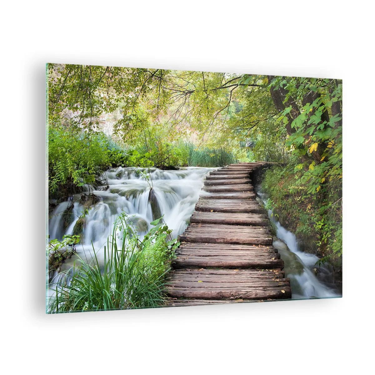 Glasbild - Bild auf glas - Eine Brücke im Wald über einen Bach - 70x50cm - Das Wasser ist überhaupt nicht ruhig - Moderne Wanddekoration für Wohnzimmer und Schlafzimmer ARTTOR