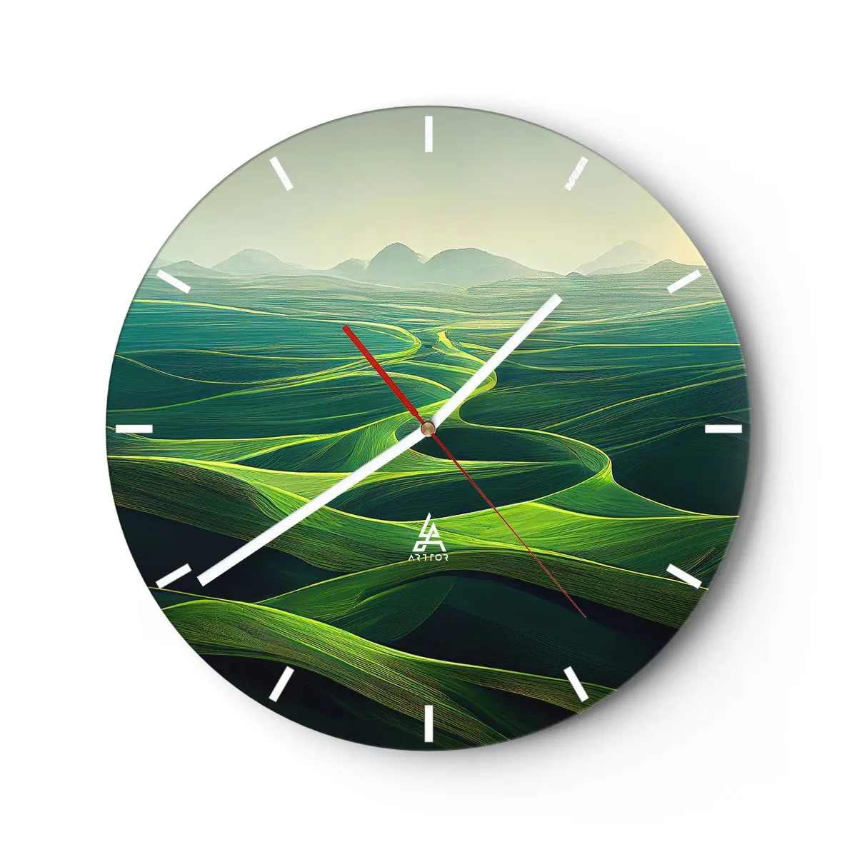 Wanduhr - Glasuhr - Grüne Täler und Hügel in einem künstlerischen Landschaftsansatz - 30x30cm - In den grünen Tälern - Moderne Wanddekoration für Wohnzimmer, Küche und Schlafzimmer ARTTOR