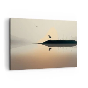 Bild auf Leinwand - Leinwandbild - Ein Vogel auf einer Insel in einem ruhigen See mit warmen Farbtönen - 100x70cm - Herr am See - Moderne Wanddekoration für Wohnzimmer und Schlafzimmer ARTTOR