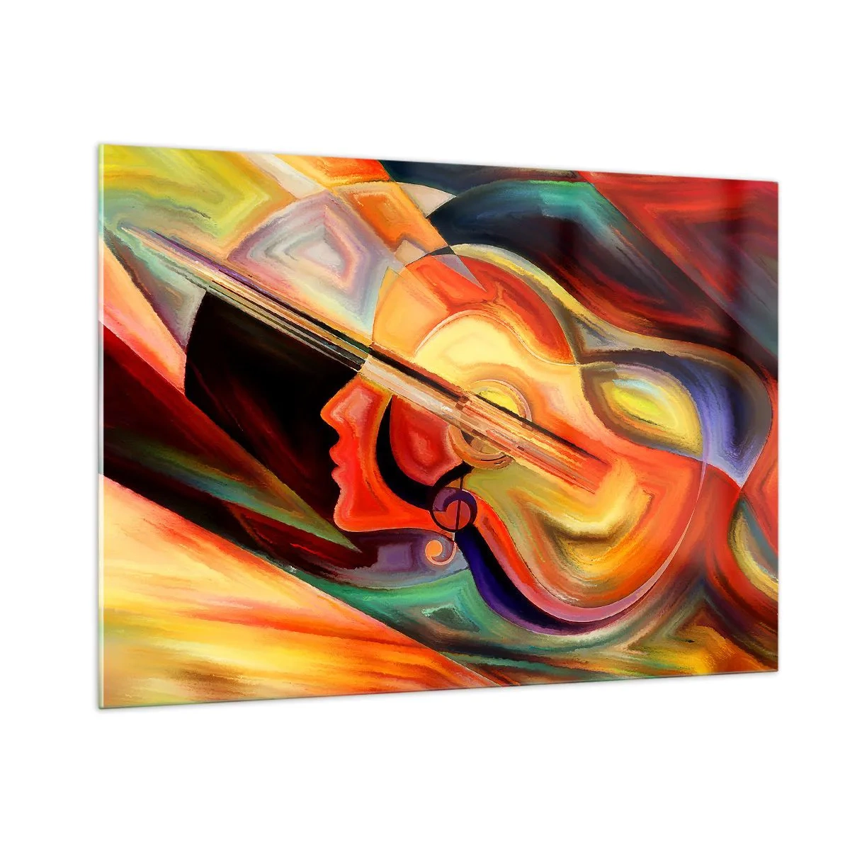 Glasbild - Bild auf glas - Abstraktes Porträt mit einer Gitarre und Musiknoten im Hintergrund - 100x70cm - Alles ist gut - Moderne Wanddekoration für Wohnzimmer und Schlafzimmer ARTTOR