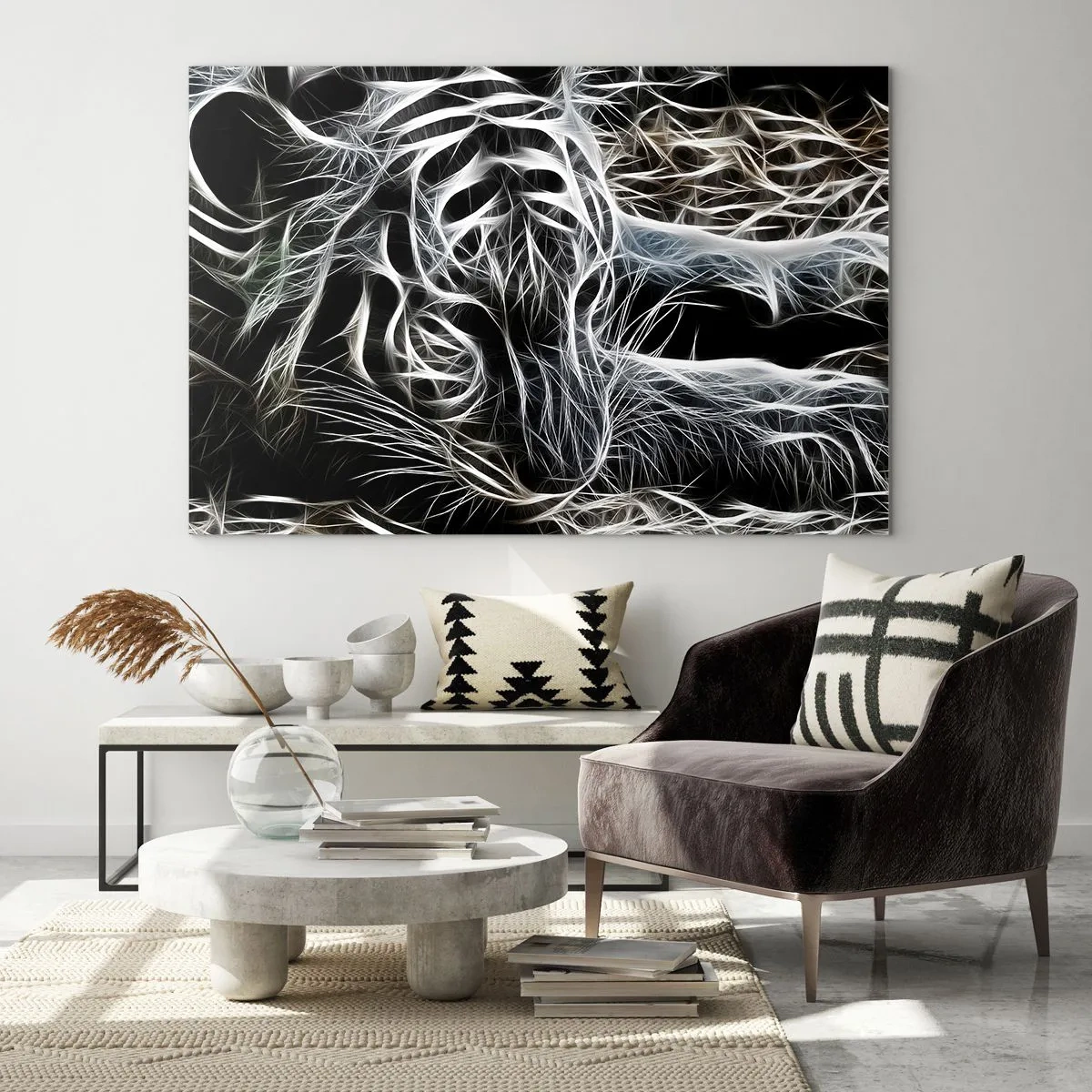 Glasbild - Bild auf glas - Abstrakter Tiger in leuchtenden Linien auf schwarzem Hintergrund - 120x80cm - Eine Studie über die Leichtigkeit der Katze - Moderne Wanddekoration für Wohnzimmer und Schlafzimmer ARTTOR