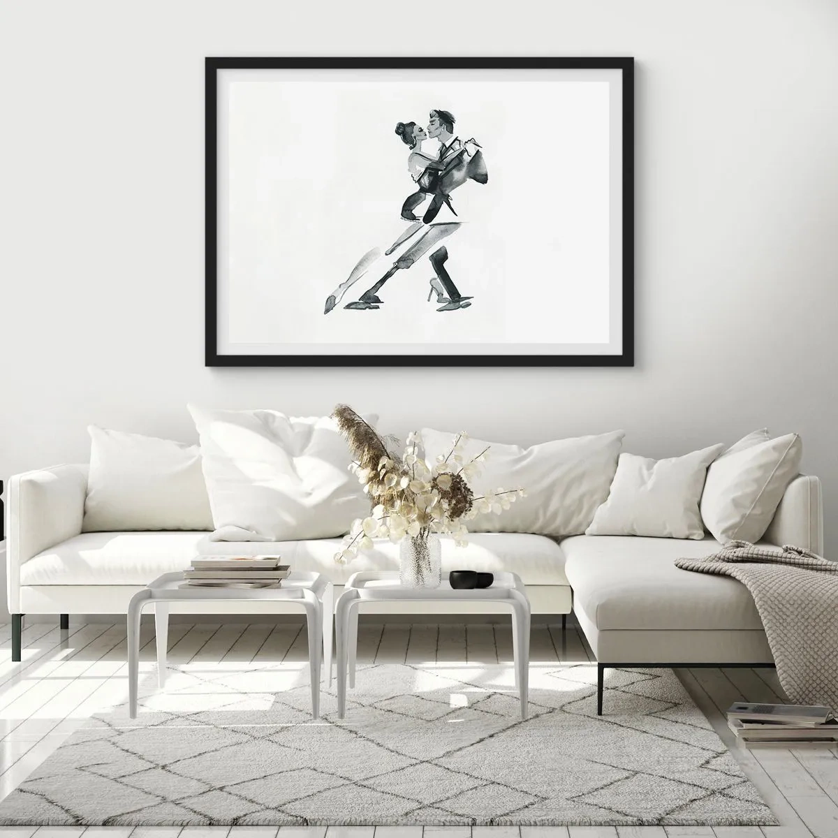 Poster in einem schwarzem Rahmen - Eine subtile Illustration eines tanzenden Paares im monochromen Stil. - 100x70cm - In einem Schlag - Moderne Wanddekoration für Wohnzimmer und Schlafzimmer ARTTOR