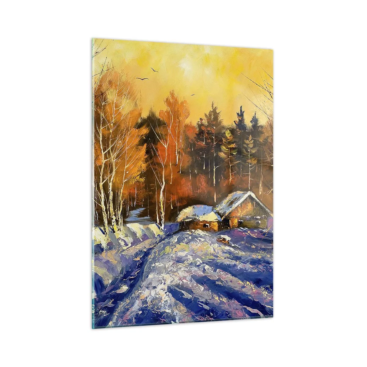 Glasbild - Bild auf glas - Winterlandschaft mit einem Holzhaus bei Sonnenuntergang - 50x70cm - Wintereindruck in der Sonne - Moderne Wanddekoration für Wohnzimmer und Schlafzimmer ARTTOR