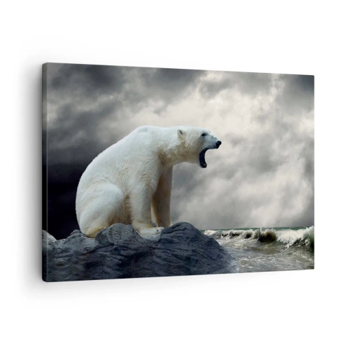 Bild auf Leinwand - Leinwandbild - Ein Eisbär auf den Felsen über einem stürmischen Meer - 70x50cm - Der einsame König der Arktis - Moderne Wanddekoration für Wohnzimmer und Schlafzimmer ARTTOR