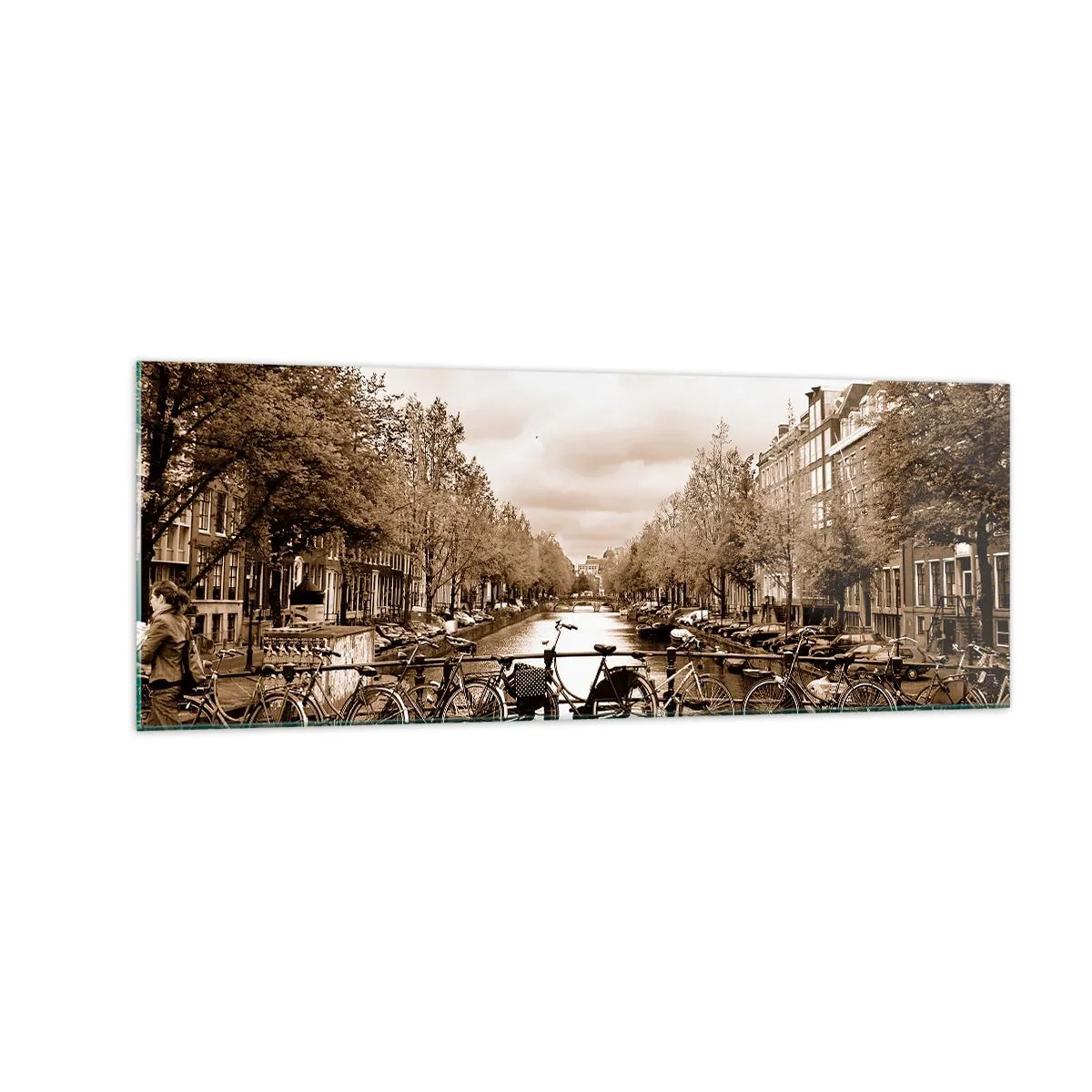 Glasbild - Bild auf glas - Fahrradbrücke über den Kanal in Sepia - 140x50cm - Niederländische Atmosphäre - Moderne Wanddekoration für Wohnzimmer und Schlafzimmer ARTTOR