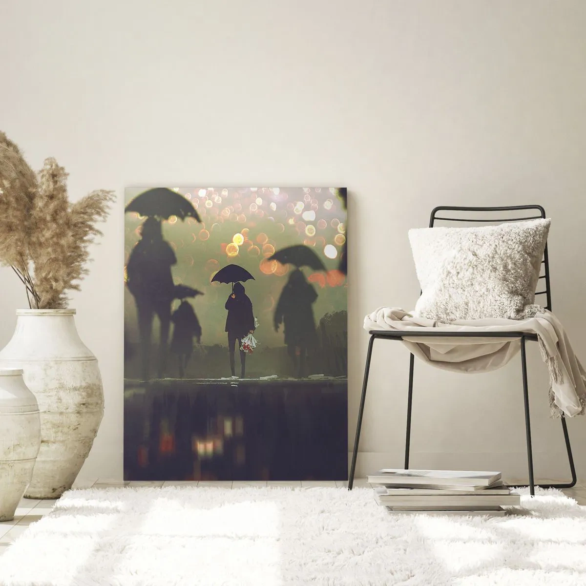 Glasbild - Bild auf glas - Figuren mit Regenschirmen im Regen vor dem Hintergrund der Lichter der Stadt - 50x70cm - Aus der Perspektive eines Regentropfens - Moderne Wanddekoration für Wohnzimmer und Schlafzimmer ARTTOR