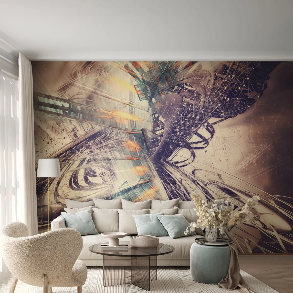 Fototapete Premium Canvas - Dynamische Abstraktion in Beige- und Lilatönen - 100x70cm - In großer Eile - Moderne Wanddekoration für Wohnzimmer und Schlafzimmer ARTTOR