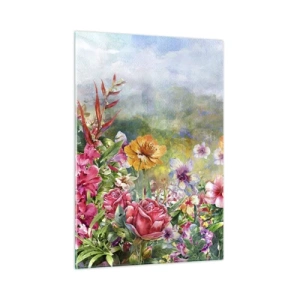Glasbild - Bild auf glas - Ein Strauß bunter Blumen vor einer malerischen Landschaft - 50x70cm - Ein Garten, der verrückt geworden ist - Moderne Wanddekoration für Wohnzimmer und Schlafzimmer ARTTOR