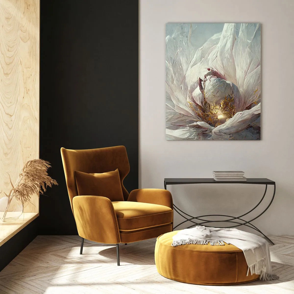 Glasbild - Bild auf glas - Eine blühende Blume in zarten Grau- und Goldtönen - 50x70cm - Sie blüht alle hundert Jahre einmal - Moderne Wanddekoration für Wohnzimmer und Schlafzimmer ARTTOR