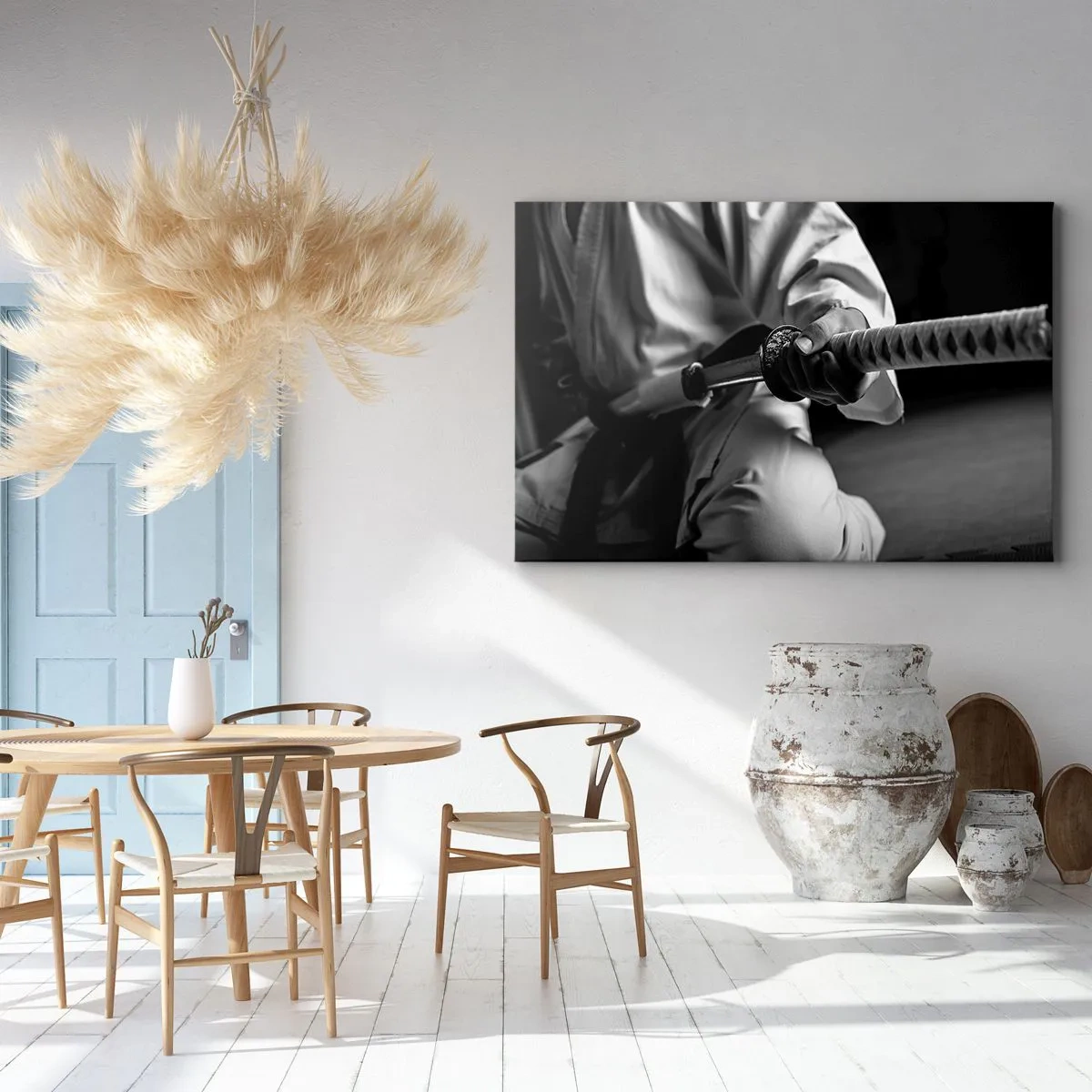 Bild auf Leinwand - Leinwandbild - Ein Samurai im Kimono hält ein Katana in Schwarz und Weiß. - 120x80cm - Kriegerseele - Moderne Wanddekoration für Wohnzimmer und Schlafzimmer ARTTOR