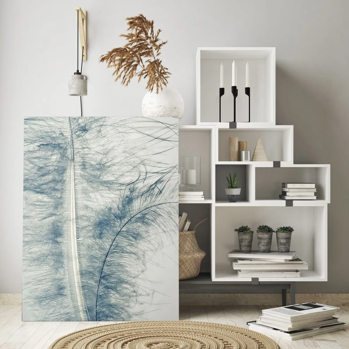 Glasbild - Bild auf glas - Eine zarte Feder auf hellem Hintergrund im minimalistischen Stil - 50x70cm - Flüstern der Natur - Moderne Wanddekoration für Wohnzimmer und Schlafzimmer ARTTOR