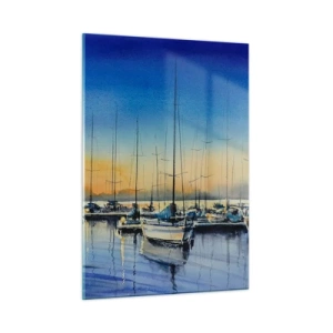 Glasbild - Bild auf glas - Segelboote im Hafen bei Sonnenuntergang - 50x70cm - Ende eines guten Tages - Moderne Wanddekoration für Wohnzimmer und Schlafzimmer ARTTOR