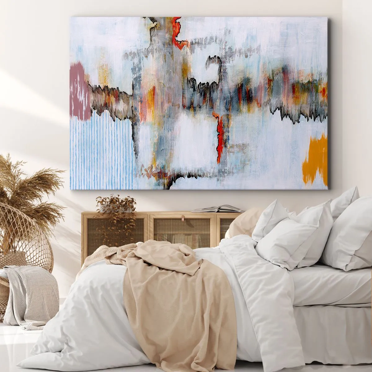 Bild auf Leinwand - Leinwandbild - Abstraktes Muster mit lebendigen Farben auf hellem Hintergrund - 120x80cm - Ein Stock auf dem Wasser - Moderne Wanddekoration für Wohnzimmer und Schlafzimmer ARTTOR