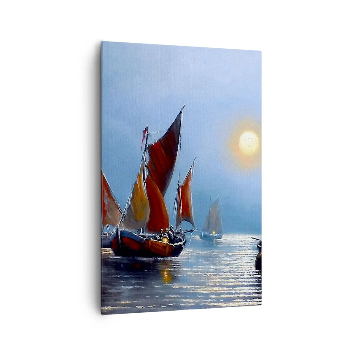 Bild auf Leinwand - Leinwandbild - Boote mit Segeln auf ruhigem Wasser bei Sonnenuntergang - 80x120cm - Nachtfang - Moderne Wanddekoration für Wohnzimmer und Schlafzimmer ARTTOR