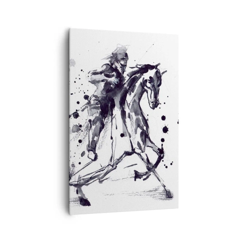 Bild auf Leinwand - Leinwandbild - Schwarz-weißes Aquarell eines Reiters auf einem galoppierenden Pferd - 80x120cm - Schwarzer Ritter - Moderne Wanddekoration für Wohnzimmer und Schlafzimmer ARTTOR