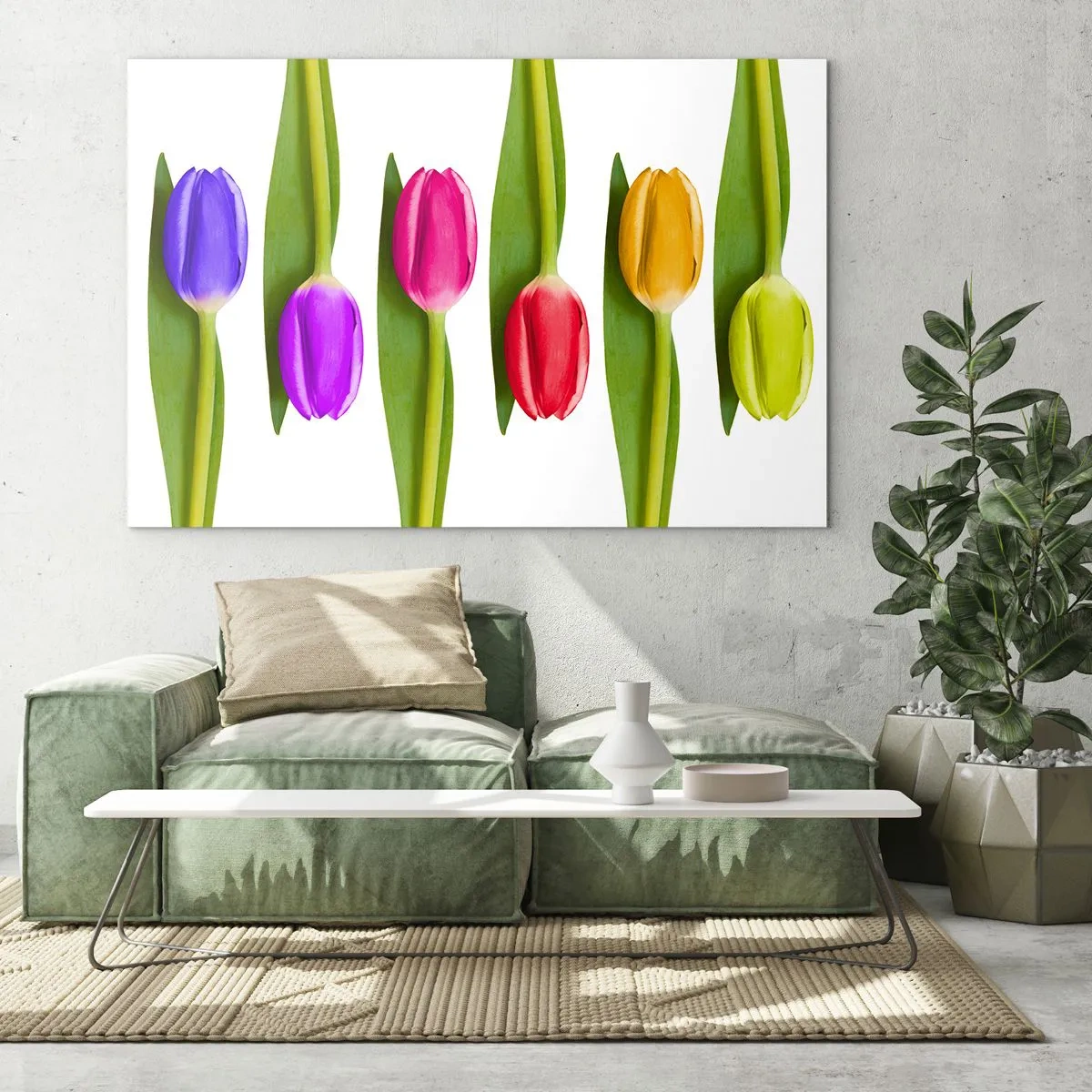 Glasbild - Bild auf glas - Bunte Tulpen auf weißem Hintergrund angeordnet - 70x50cm - Regenbogenkomposition - Moderne Wanddekoration für Wohnzimmer und Schlafzimmer ARTTOR