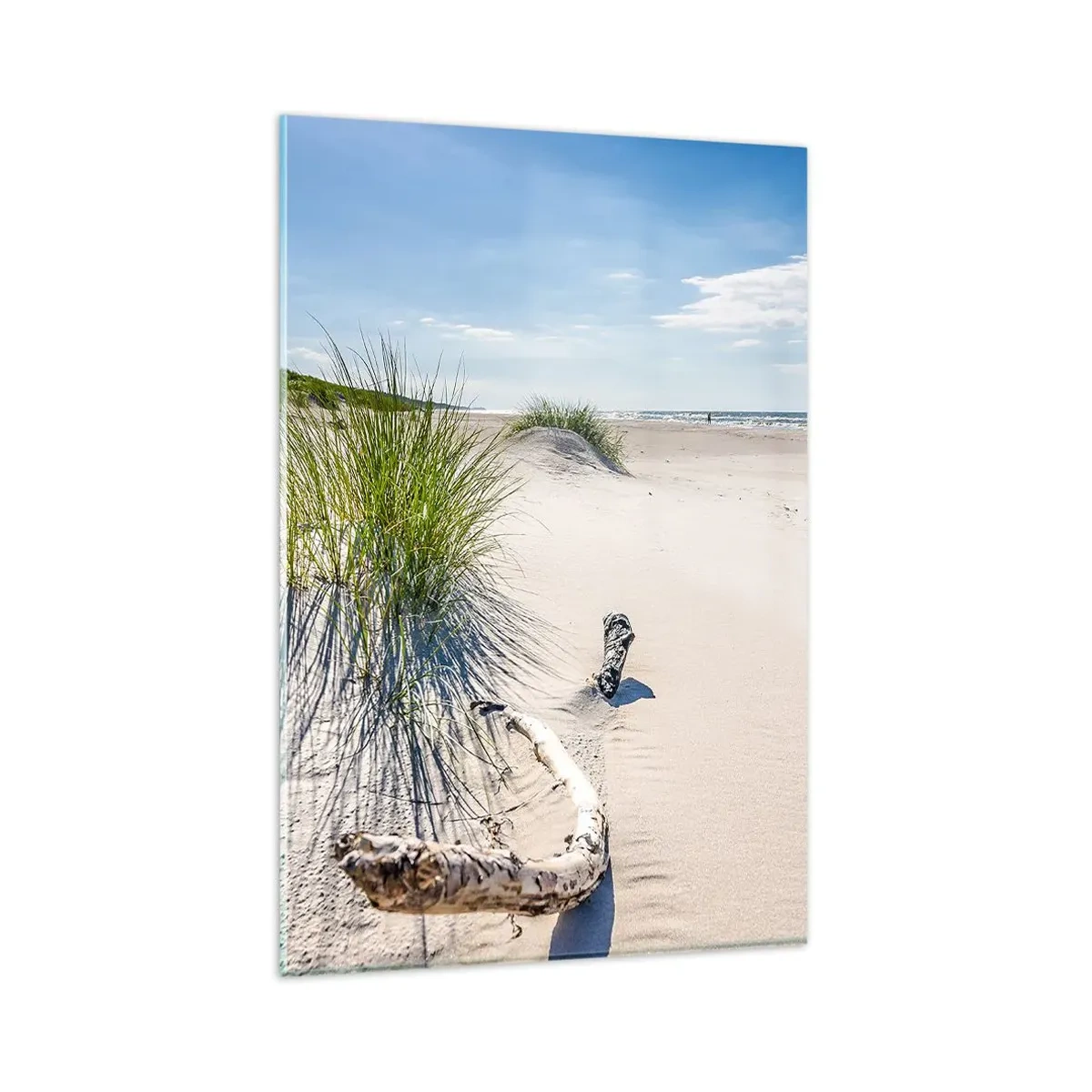 Glasbild - Bild auf glas - Ein Ostseestrand mit Sand, Gras und einem ruhigen blauen Himmel - 80x120cm - Der schönste Strand? Ostsee-Strand - Moderne Wanddekoration für Wohnzimmer und Schlafzimmer ARTTOR