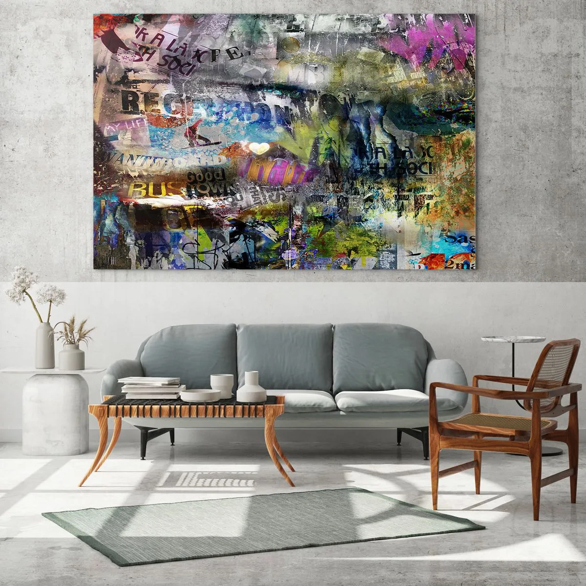 Glasbild - Bild auf glas - Bunte abstrakte Graffiti-Collage - 100x70cm - Collage aus Erinnerungen - Moderne Wanddekoration für Wohnzimmer und Schlafzimmer ARTTOR