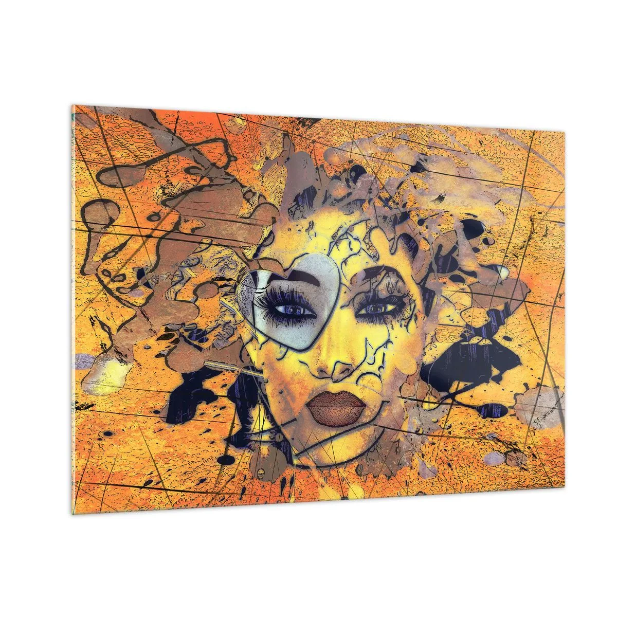 Glasbild - Bild auf glas - Abstraktes Frauengesicht in gold-orangen Tönen - 100x70cm - Sonnige Schönheit - Moderne Wanddekoration für Wohnzimmer und Schlafzimmer ARTTOR