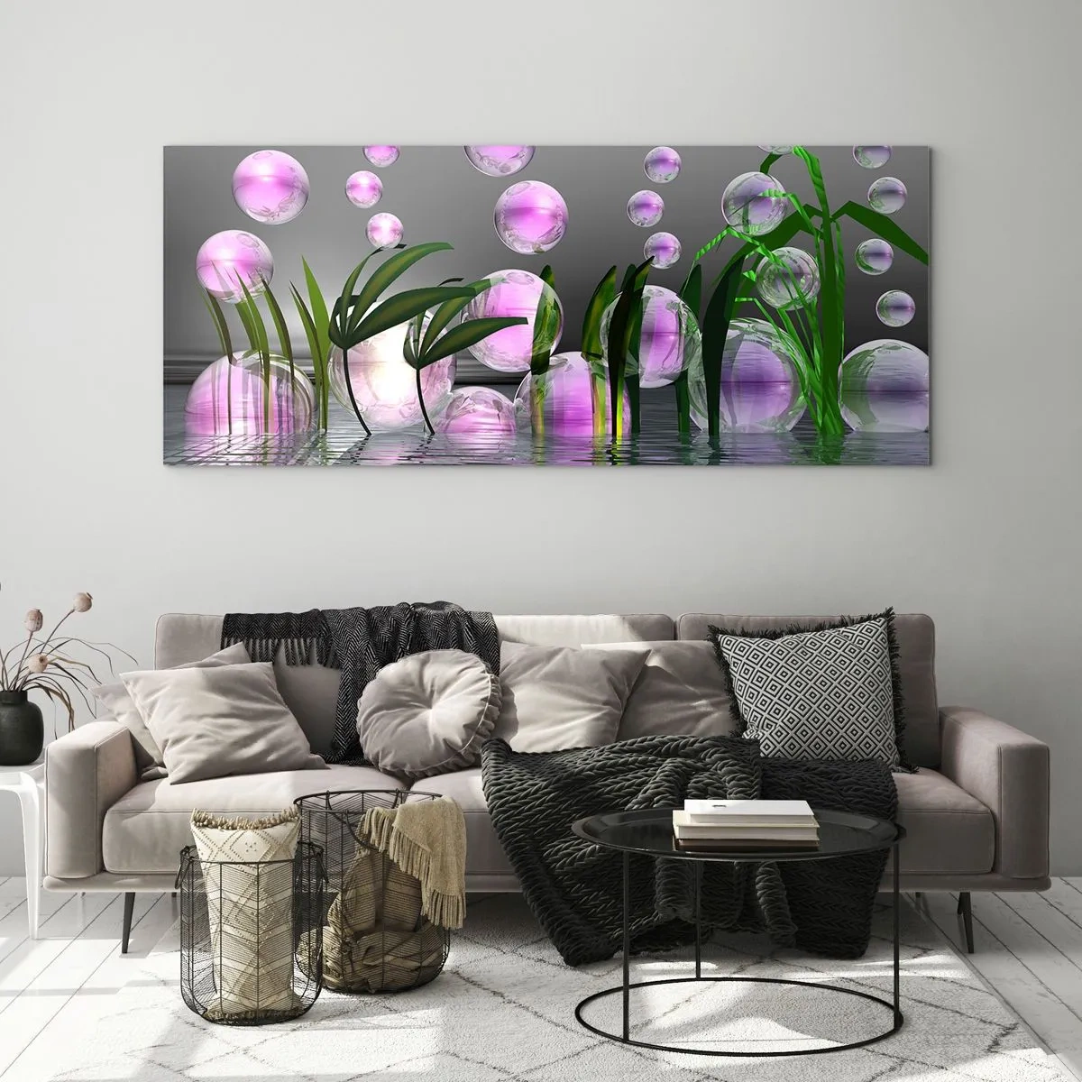 Glasbild - Bild auf glas - Grüne Blätter und rosa Blasen über dem Wasser auf grauem Hintergrund - 120x50cm - Eine reflektierende Komposition aus Leichtigkeit und Leben - Moderne Wanddekoration für Wohnzimmer und Schlafzimmer ARTTOR