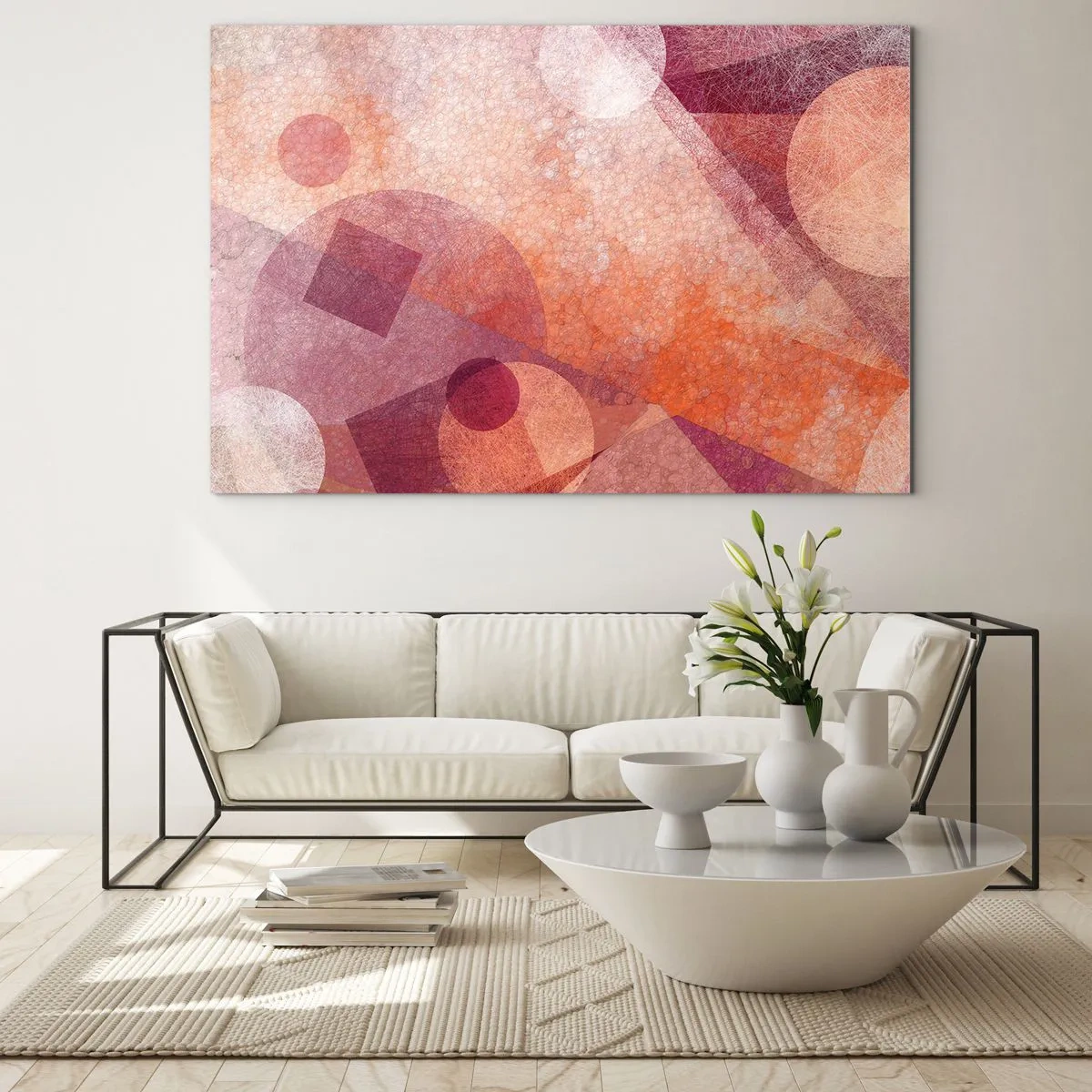 Glasbild - Bild auf glas - Abstrakte geometrische Komposition in Rosa- und Orangetönen - 100x70cm - Geometrische Transformationen in Pink - Moderne Wanddekoration für Wohnzimmer und Schlafzimmer ARTTOR